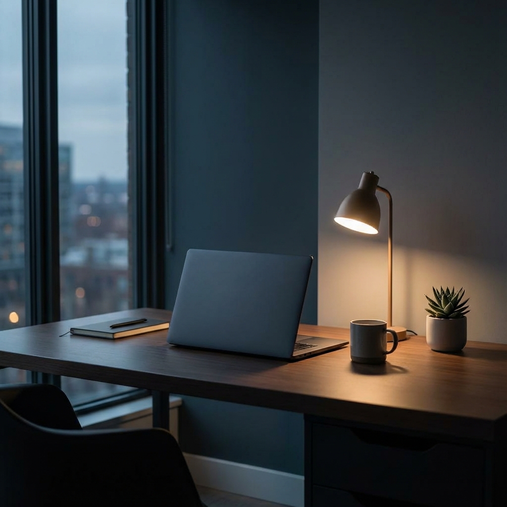 Laptop on desk with dim lighting